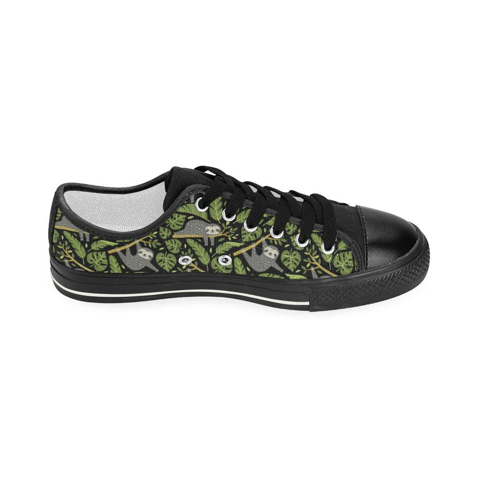 Cute sloths tropical palm leaves black background Kids' Boys' Girls' Low Top Canvas Shoes Black