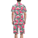 Watercolor paint textured watermelon pieces Men's V-Neck Short Pajama Set