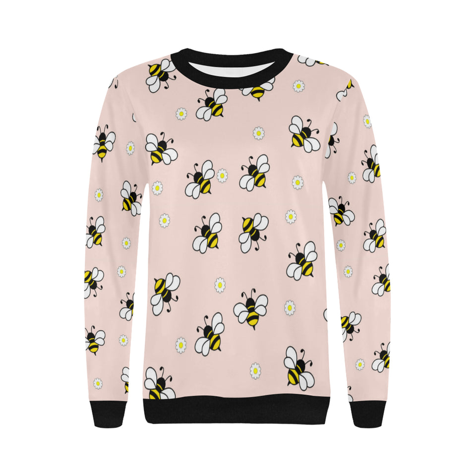 Cute bee flower pattern pink background Women's Crew Neck Sweatshirt