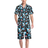 Skull flower roses leave pattern Men's V-Neck Short Pajama Set