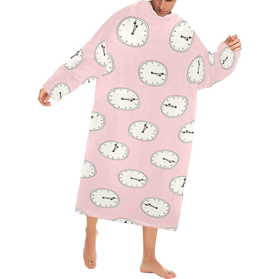 Clock pattern pink blackground Blanket Robe with Sleeves