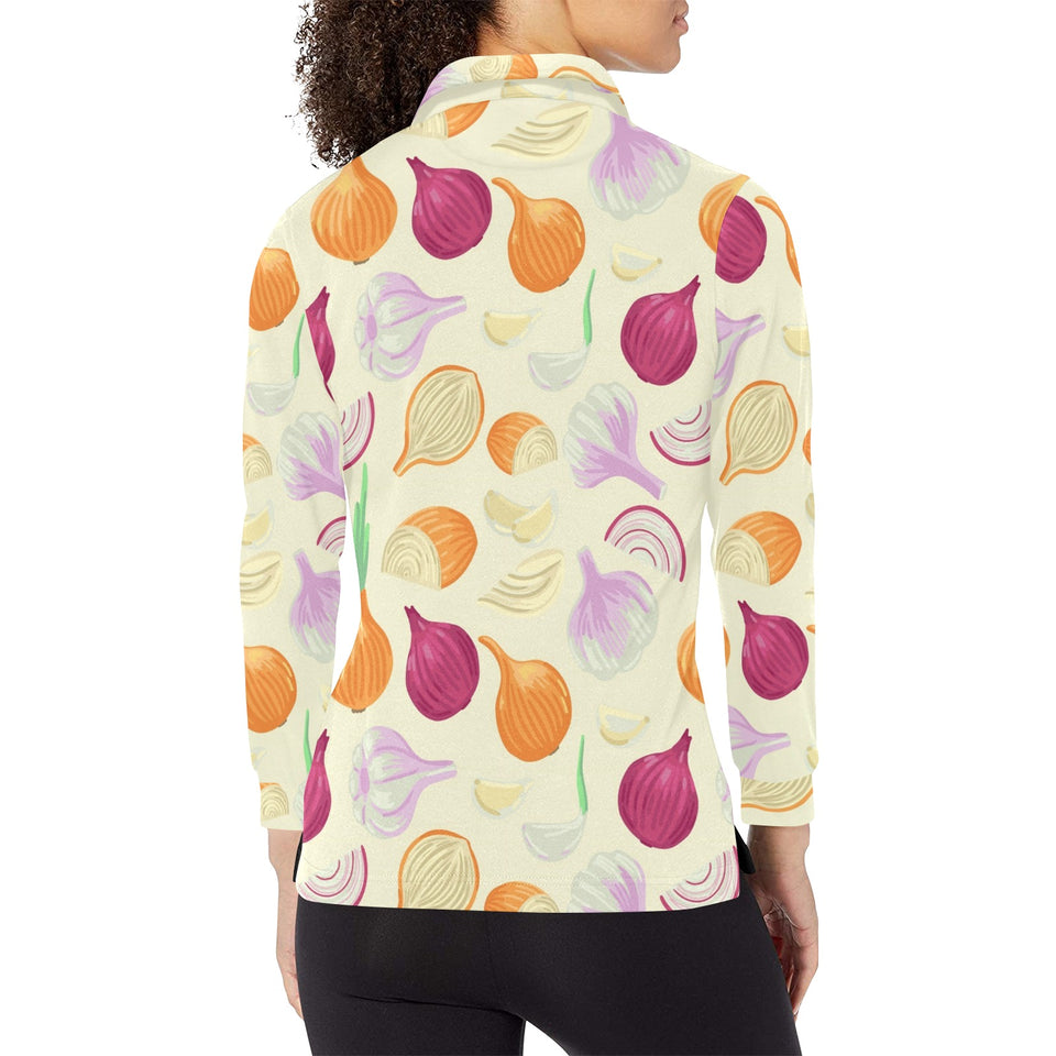 Onion garlic white red pattern Women's Long Sleeve Polo Shirt