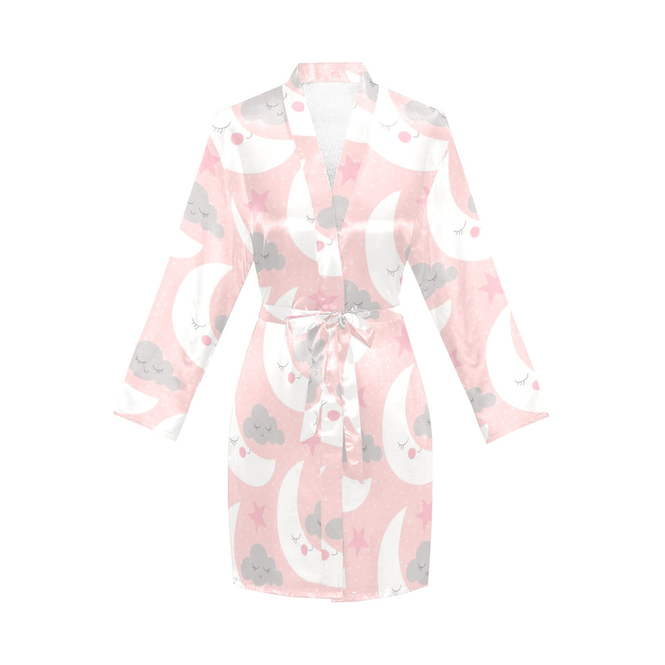 Cute moon cloud star pattern pink dot background Women's Long Sleeve Belted Night Robe