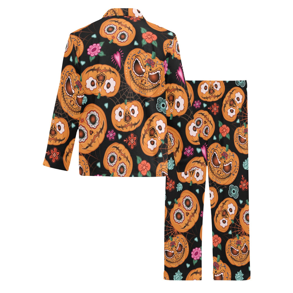 Pumpkin flowers spiderweb Halloween theme Men's Long Pajama Set