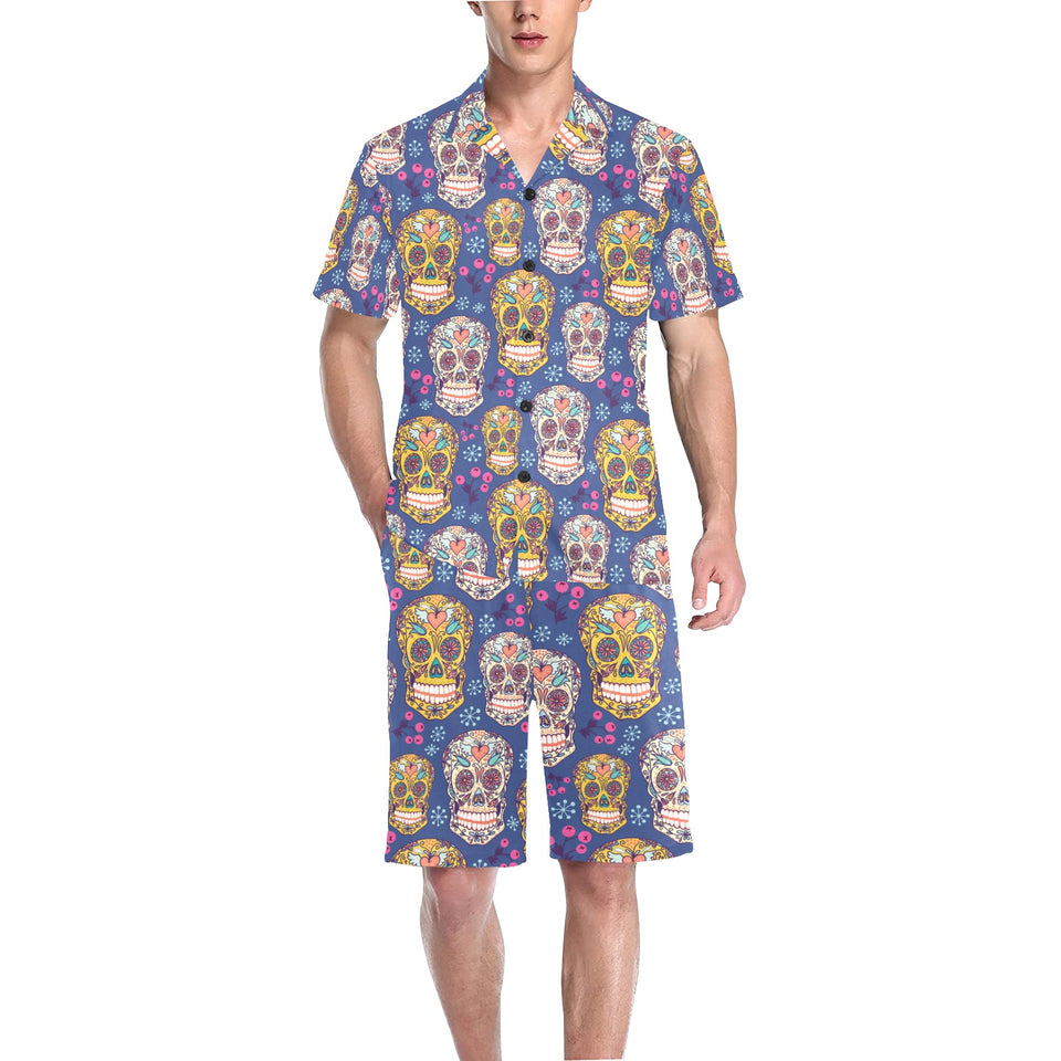 Sugar skull flower pattern Men's V-Neck Short Pajama Set