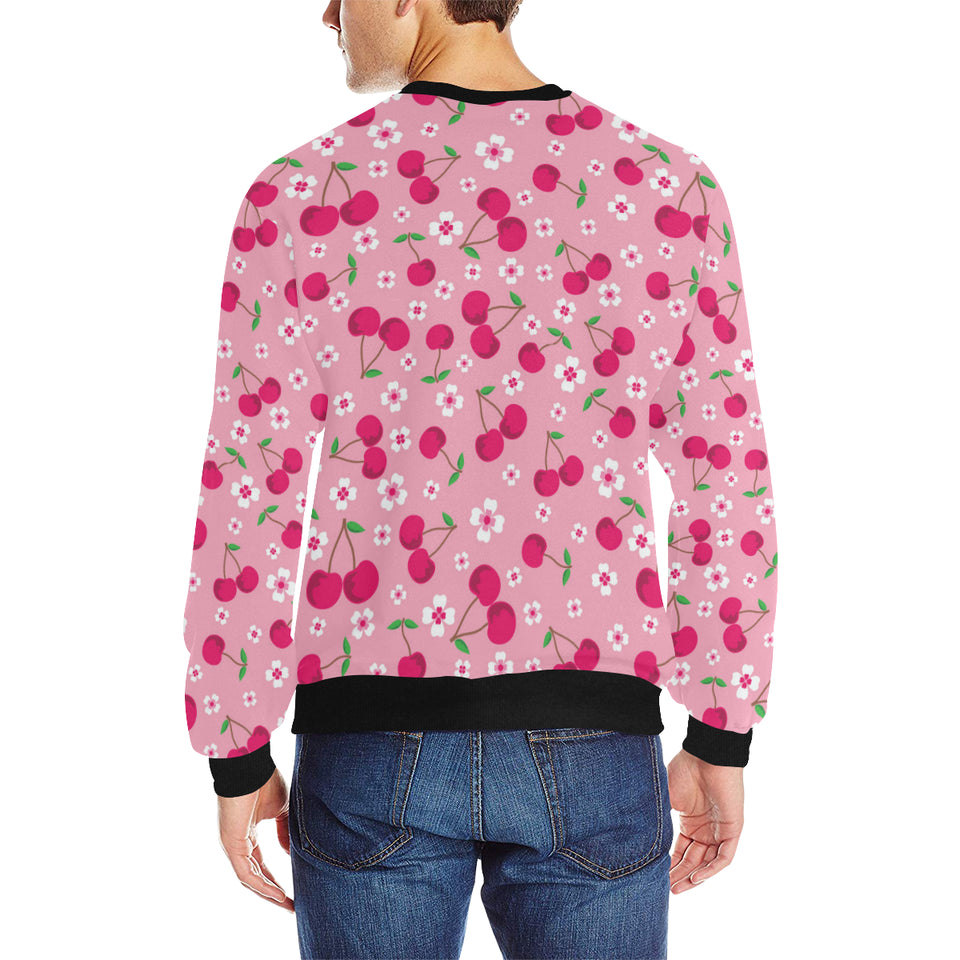 cherry flower pattern pink background Men's Crew Neck Sweatshirt