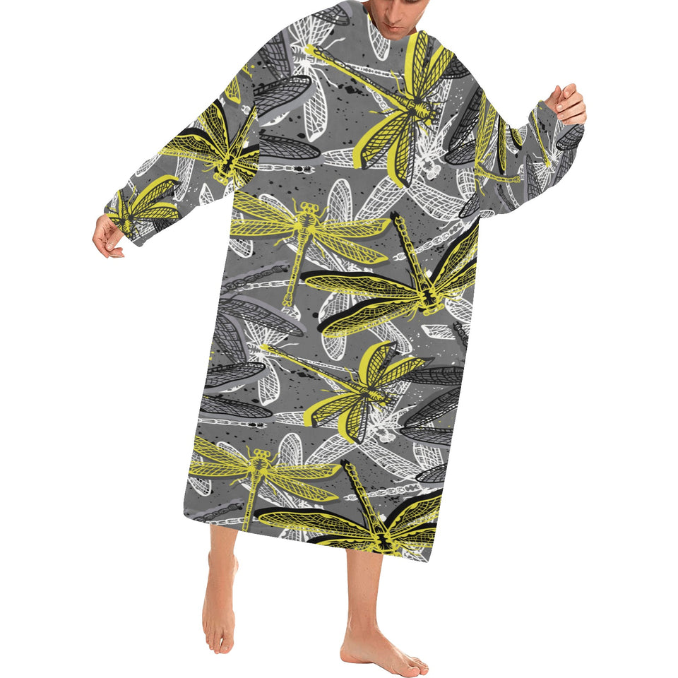 Hand drawn dragonfly pattern Blanket Robe with Sleeves