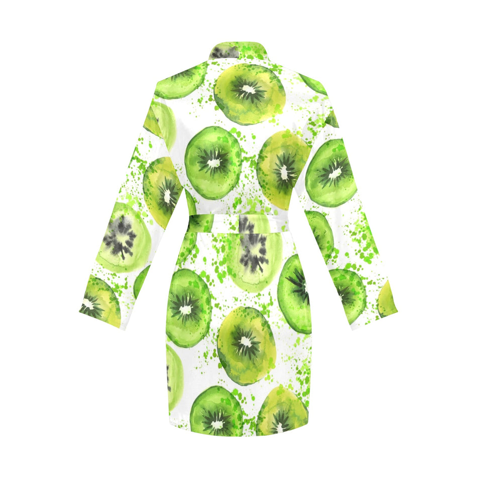 Watercolor kiwi pattern Women's Long Sleeve Belted Night Robe