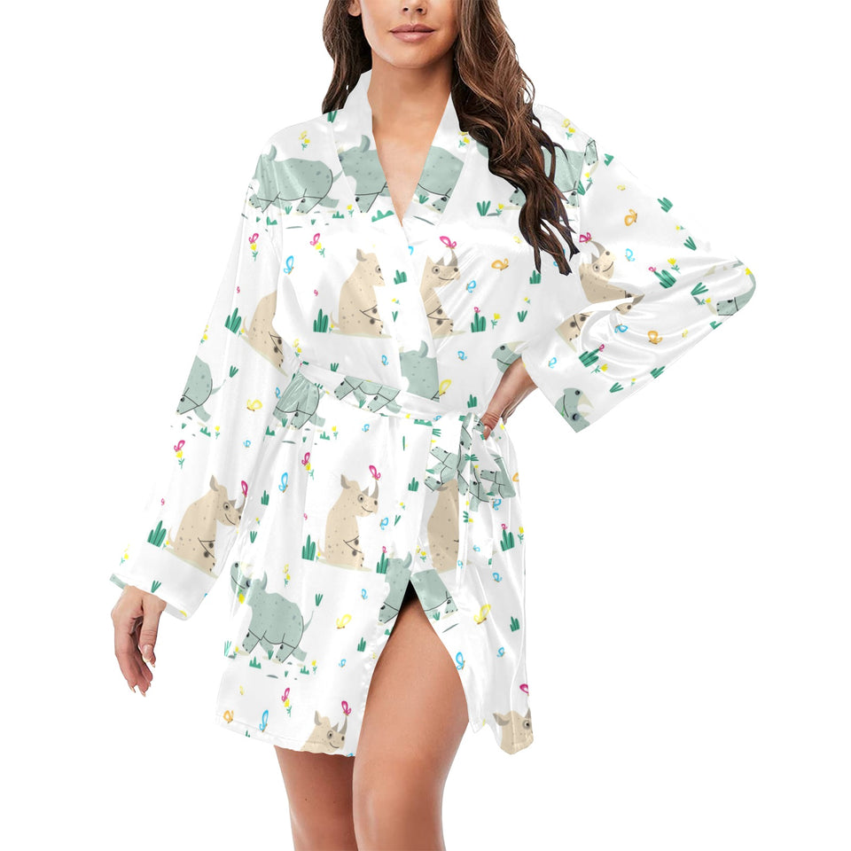 Cute Rhino pattern Women's Long Sleeve Belted Night Robe
