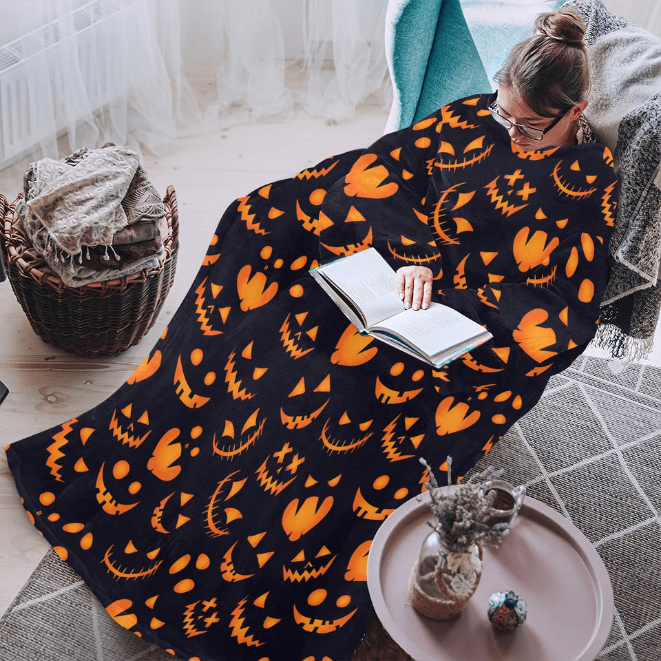 Halloween pattern Pumpkin background Blanket Robe with Sleeves