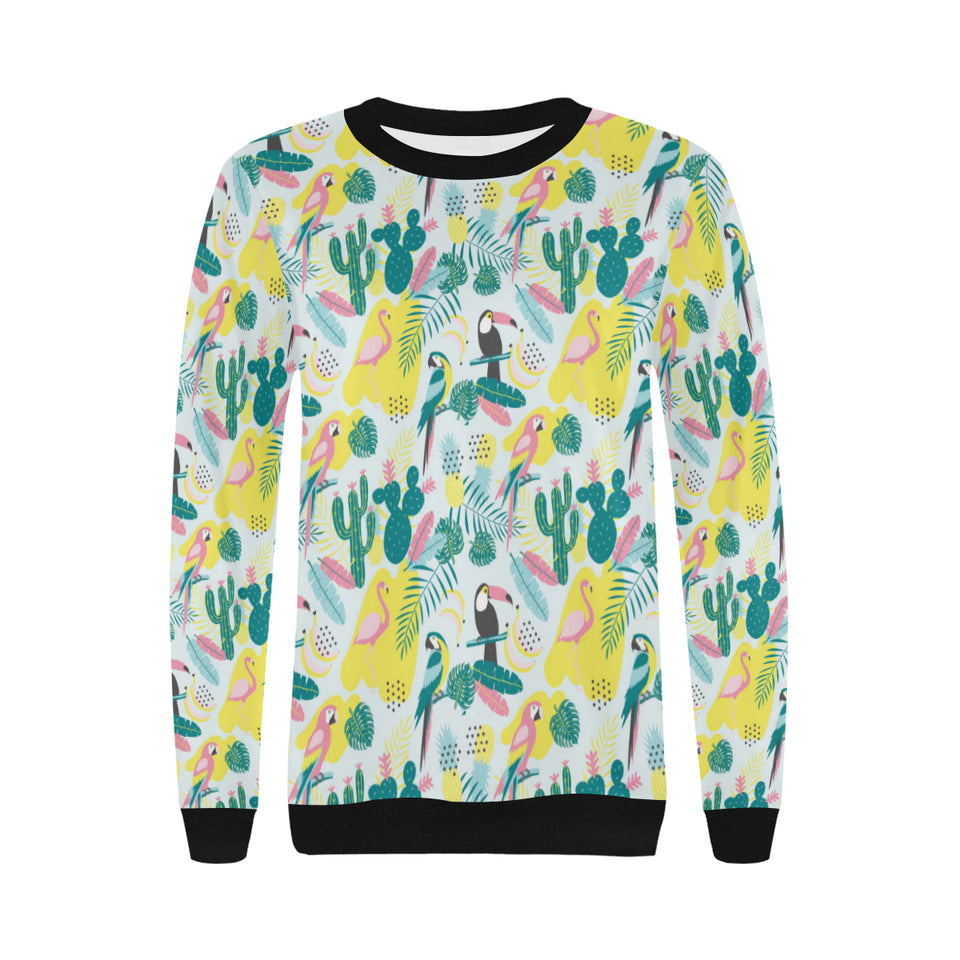 Cute parrot toucan flamingo cactus exotic leaves p Women's Crew Neck Sweatshirt