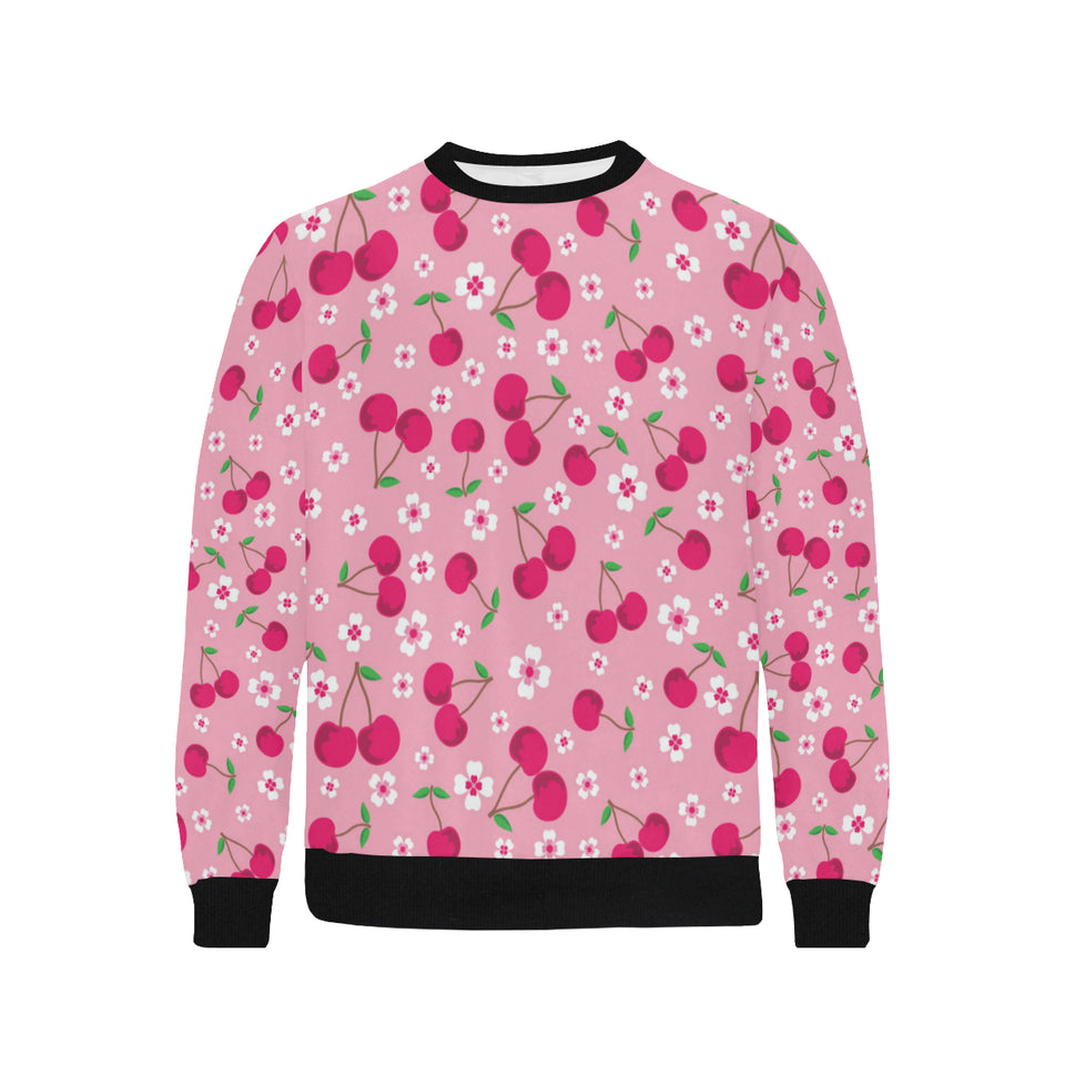 cherry flower pattern pink background Men's Crew Neck Sweatshirt