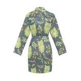 Cute owls leaves pattern Women's Long Sleeve Belted Night Robe