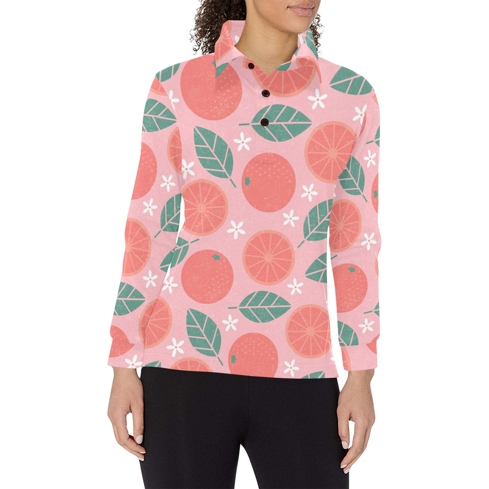 Grapefruit leaves flower pink background Women's Long Sleeve Polo Shirt