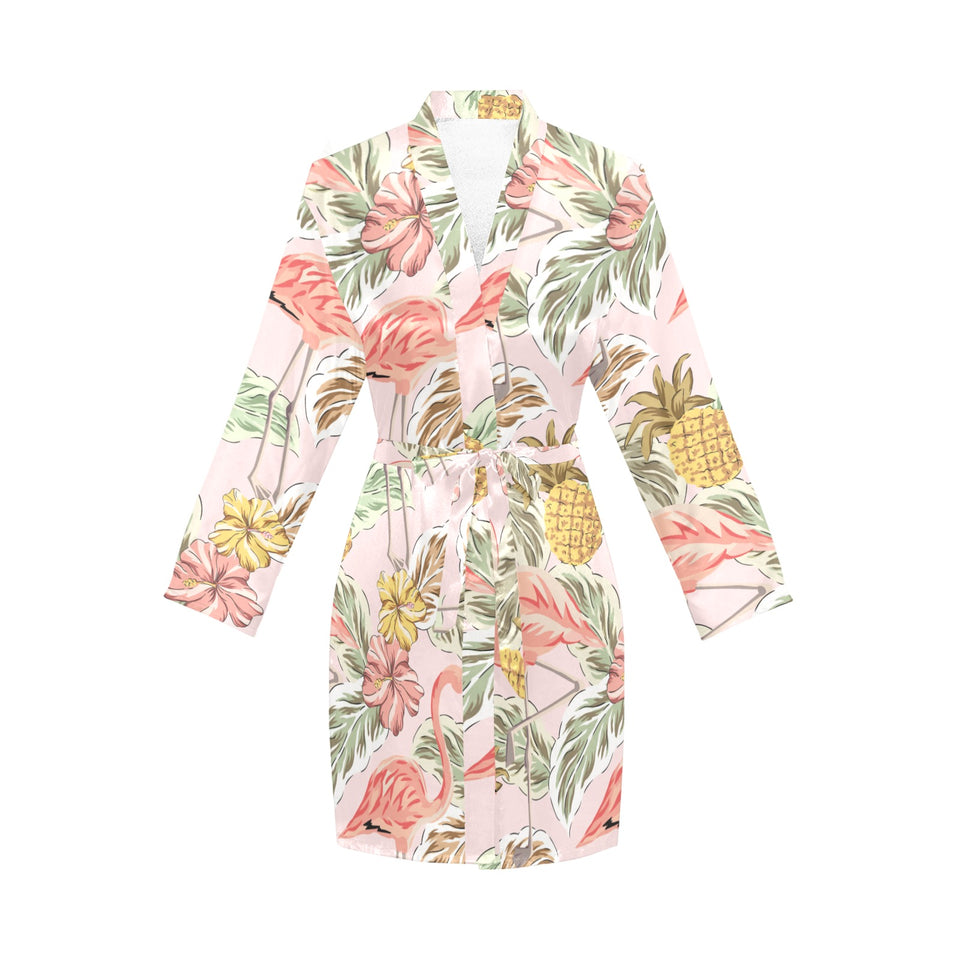 Pink flamingo birds pineapples hibiscus flower pat Women's Long Sleeve Belted Night Robe