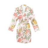 Pink flamingo birds pineapples hibiscus flower pat Women's Long Sleeve Belted Night Robe
