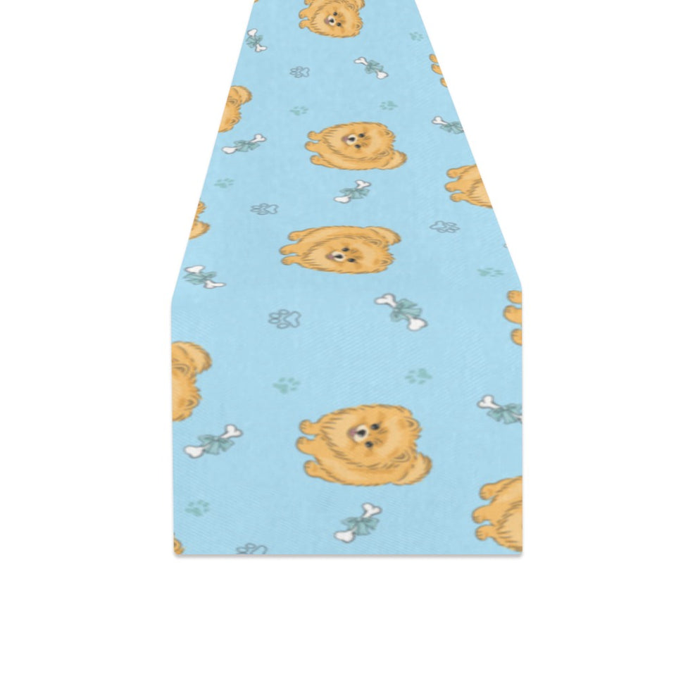 Brown cute pomeranian blue blackground Table Runner