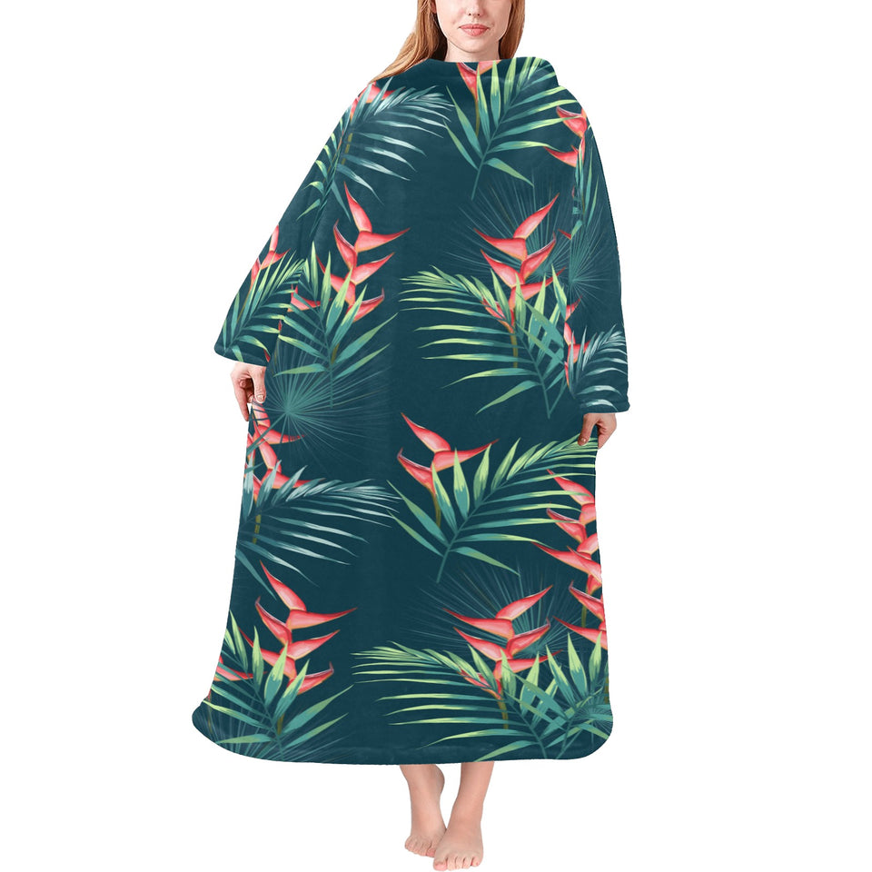 heliconia flowers, palm and monstera leaves on bla Blanket Robe with Sleeves