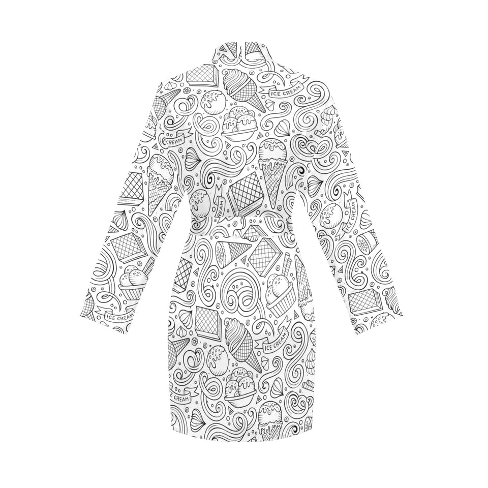 Cartoon hand drawn ice cream black white Women's Long Sleeve Belted Night Robe