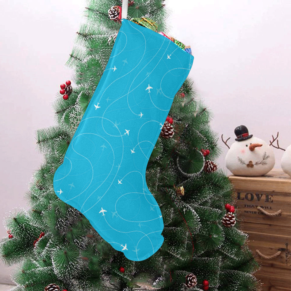 Airplane destinations blue background Christmas Stocking