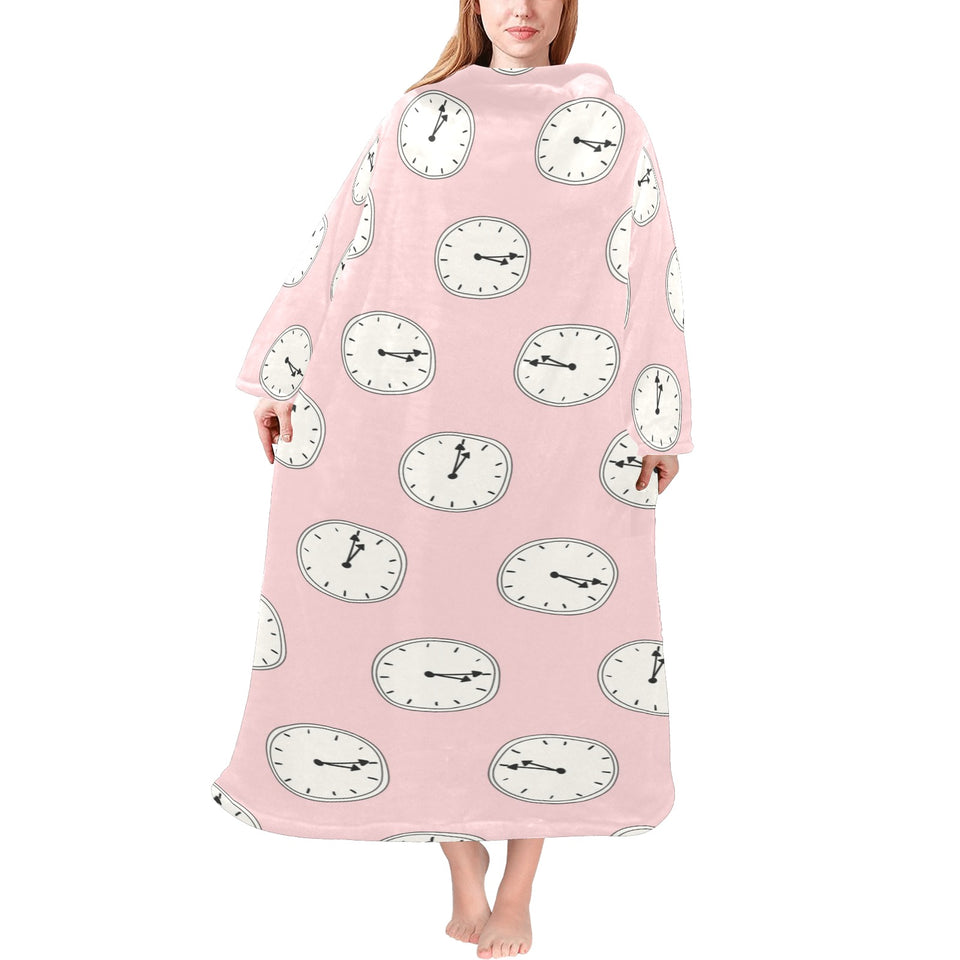 Clock pattern pink blackground Blanket Robe with Sleeves
