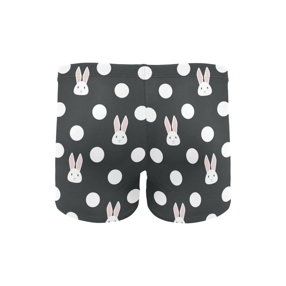 Cute white rabbit polka dots black background Men's Swimming Trunks