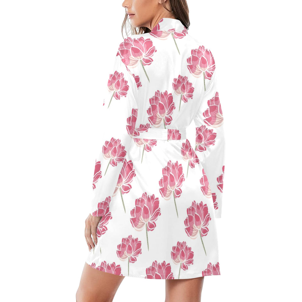 Pink lotus waterlily pattern Women's Long Sleeve Belted Night Robe