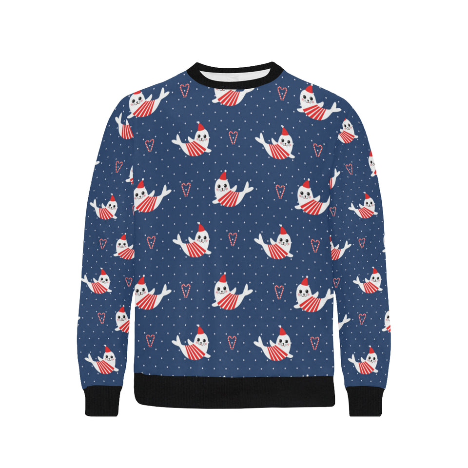 Cute sea lion seal christmas hat candy cane heart Men's Crew Neck Sweatshirt
