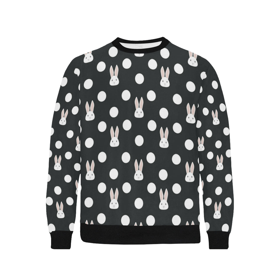 Cute white rabbit polka dots black background Men's Crew Neck Sweatshirt