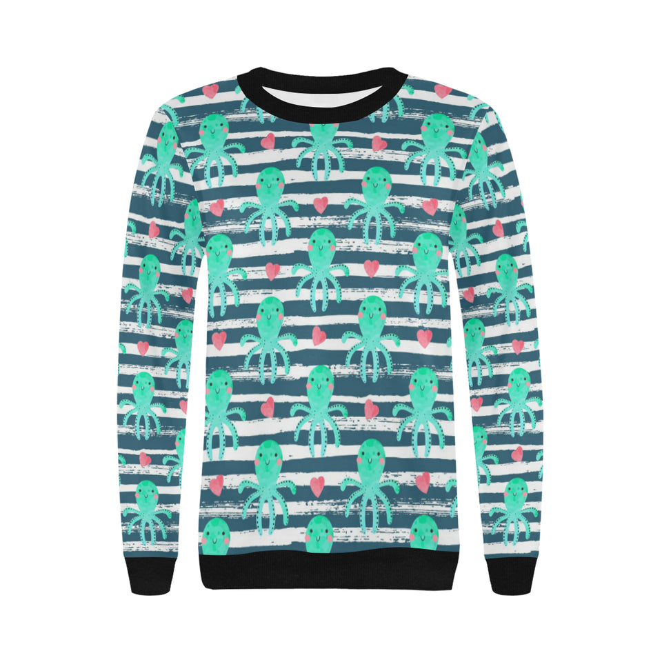 Cute octopuses heart striped background Women's Crew Neck Sweatshirt