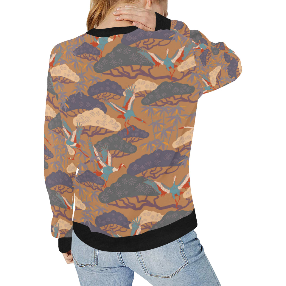 Bonsai bamboo stork japanese pattern brown theme Women's Crew Neck Sweatshirt