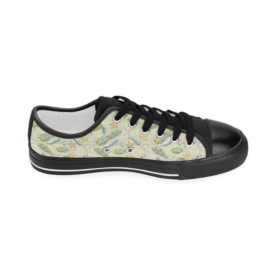 Hand drawn sea turtle fish pattern Kids' Boys' Girls' Low Top Canvas Shoes Black