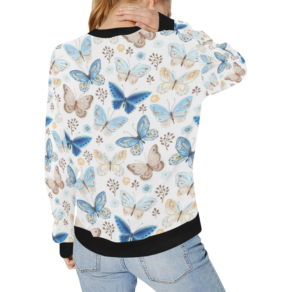 blue butterfly pattern Women's Crew Neck Sweatshirt