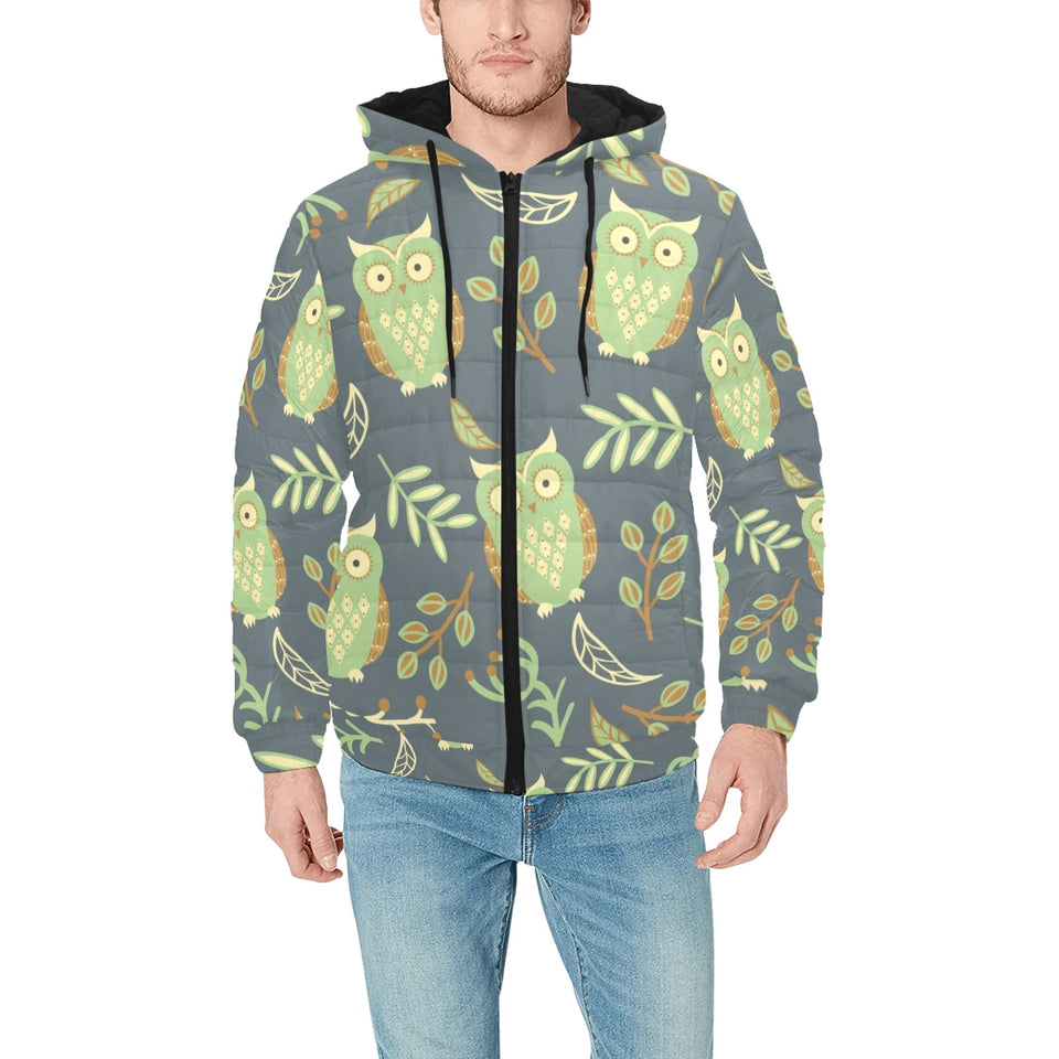 Cute owls leaves pattern Men's Padded Hooded Jacket