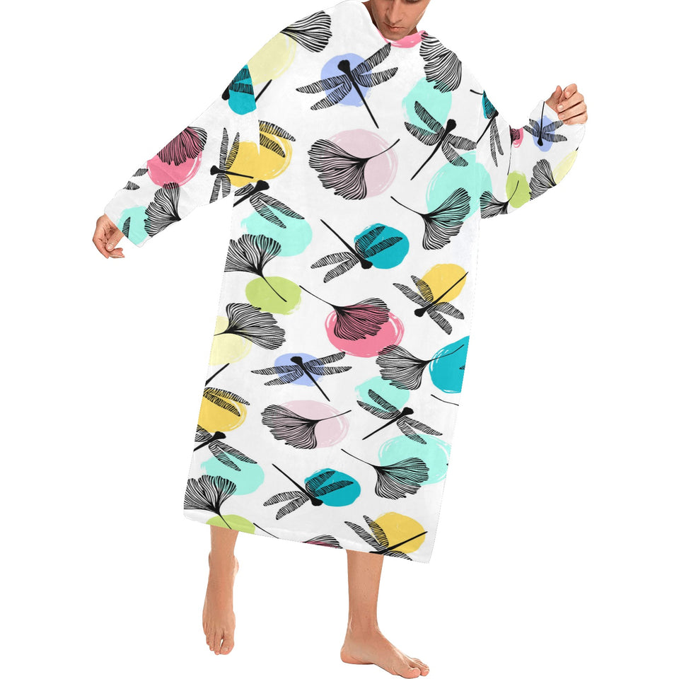 Dragonflies ginkgo leaves pattern Blanket Robe with Sleeves