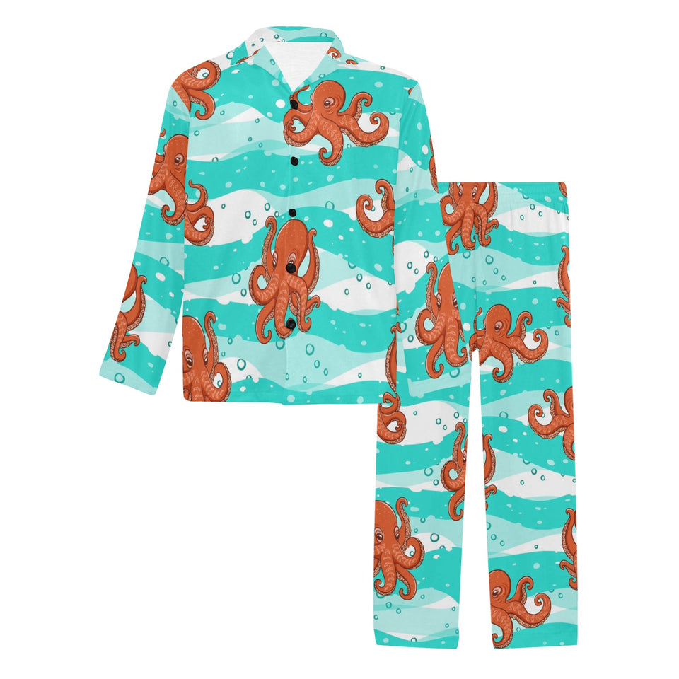 Octopuses sea wave background Men's Long Pajama Set