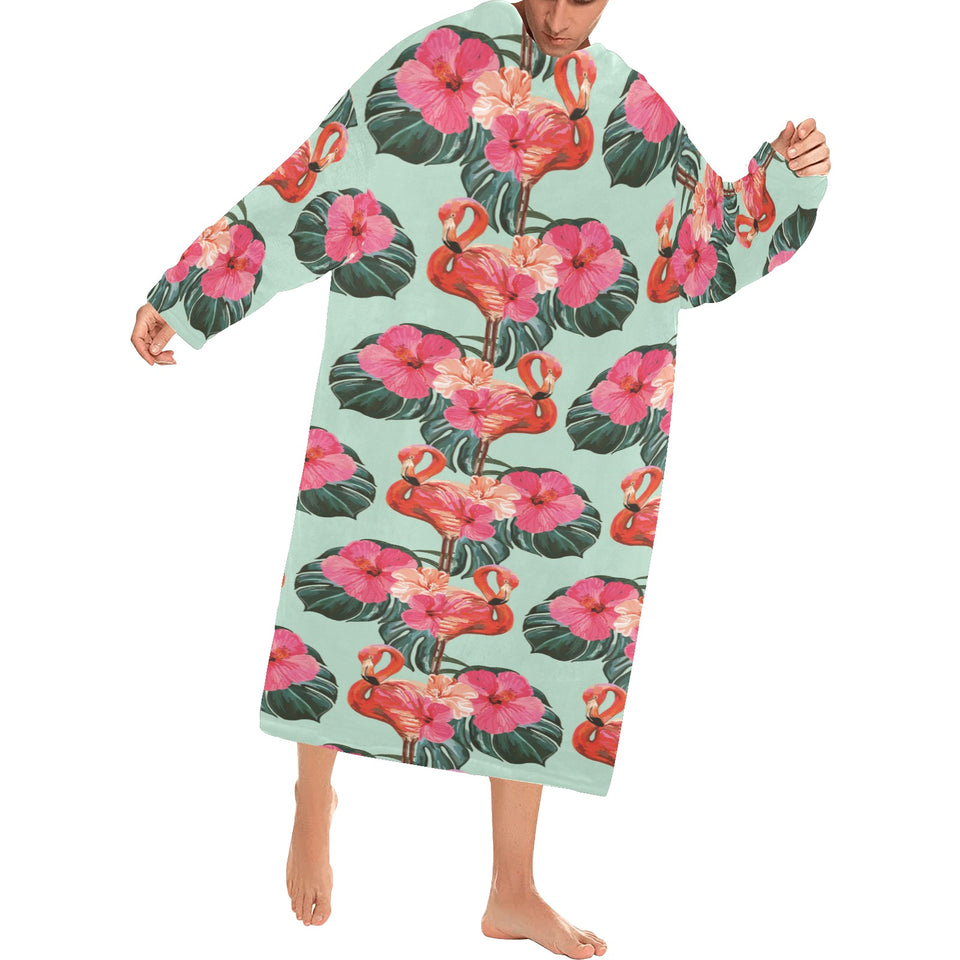 Beautiful flamingo tropical palm leaves hibiscus p Blanket Robe with Sleeves