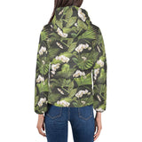 White orchid flower tropical leaves pattern blackg Women's Padded Hooded Jacket