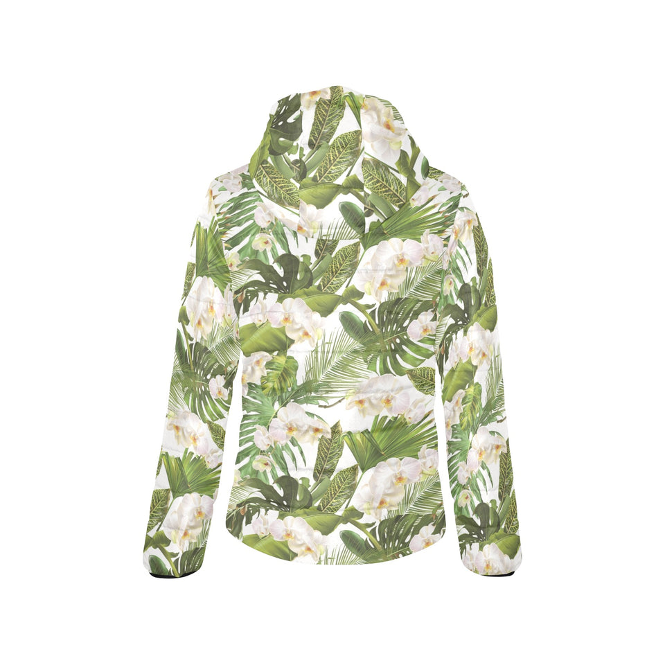 White orchid flower tropical leaves pattern Women's Padded Hooded Jacket
