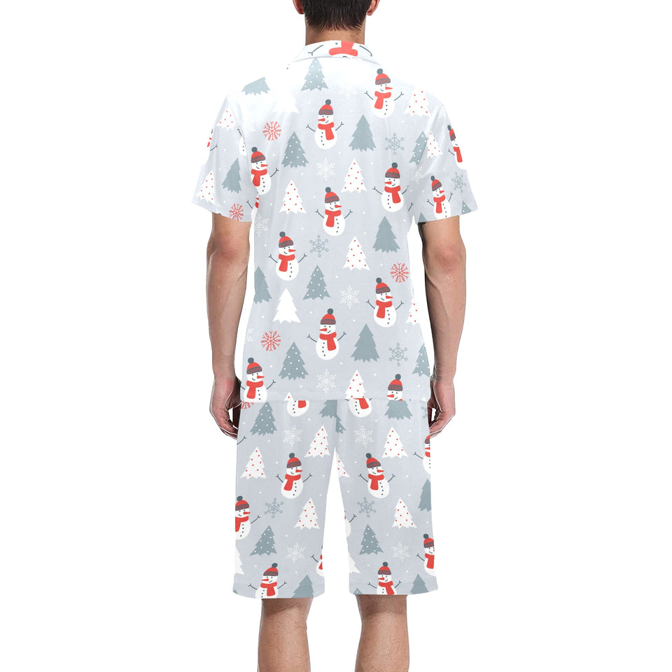 Snowman christmas tree snow gray background Men's V-Neck Short Pajama Set