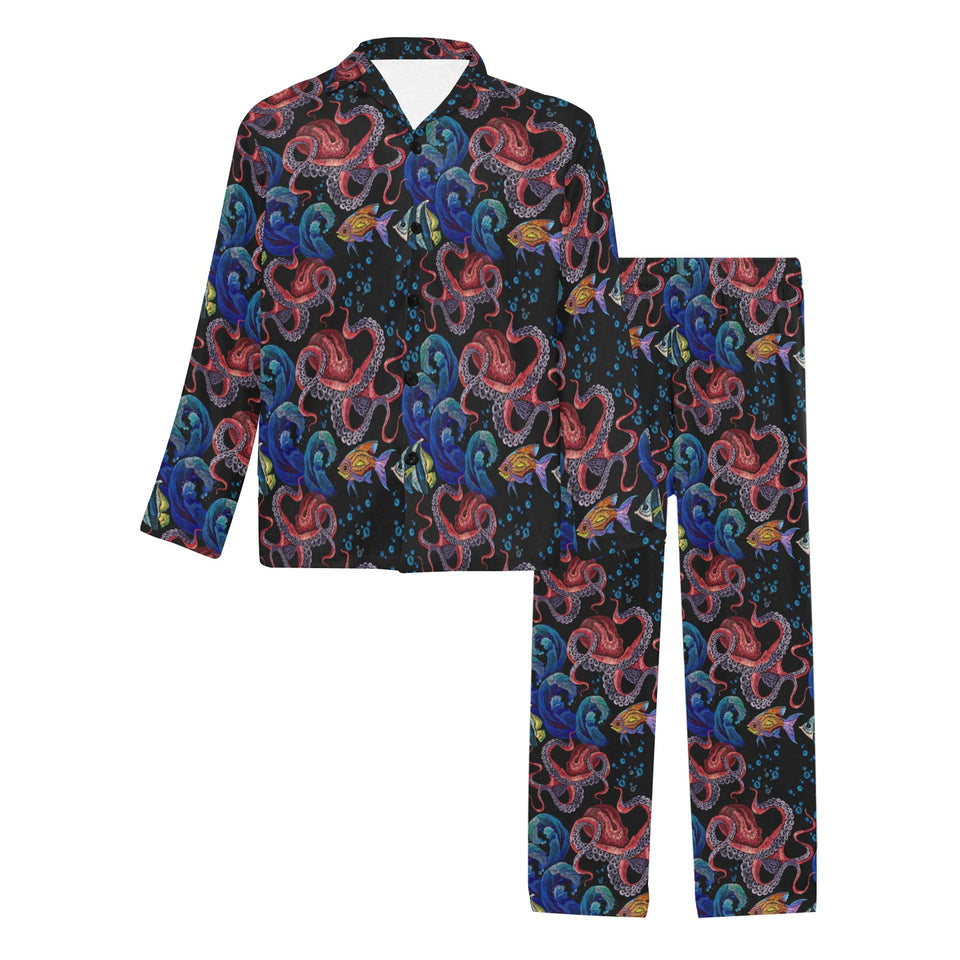 Octopus sea wave tropical fishe pattern Men's Long Pajama Set