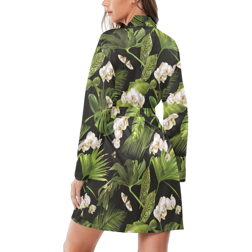 White orchid flower tropical leaves pattern blackg Women's Long Sleeve Belted Night Robe
