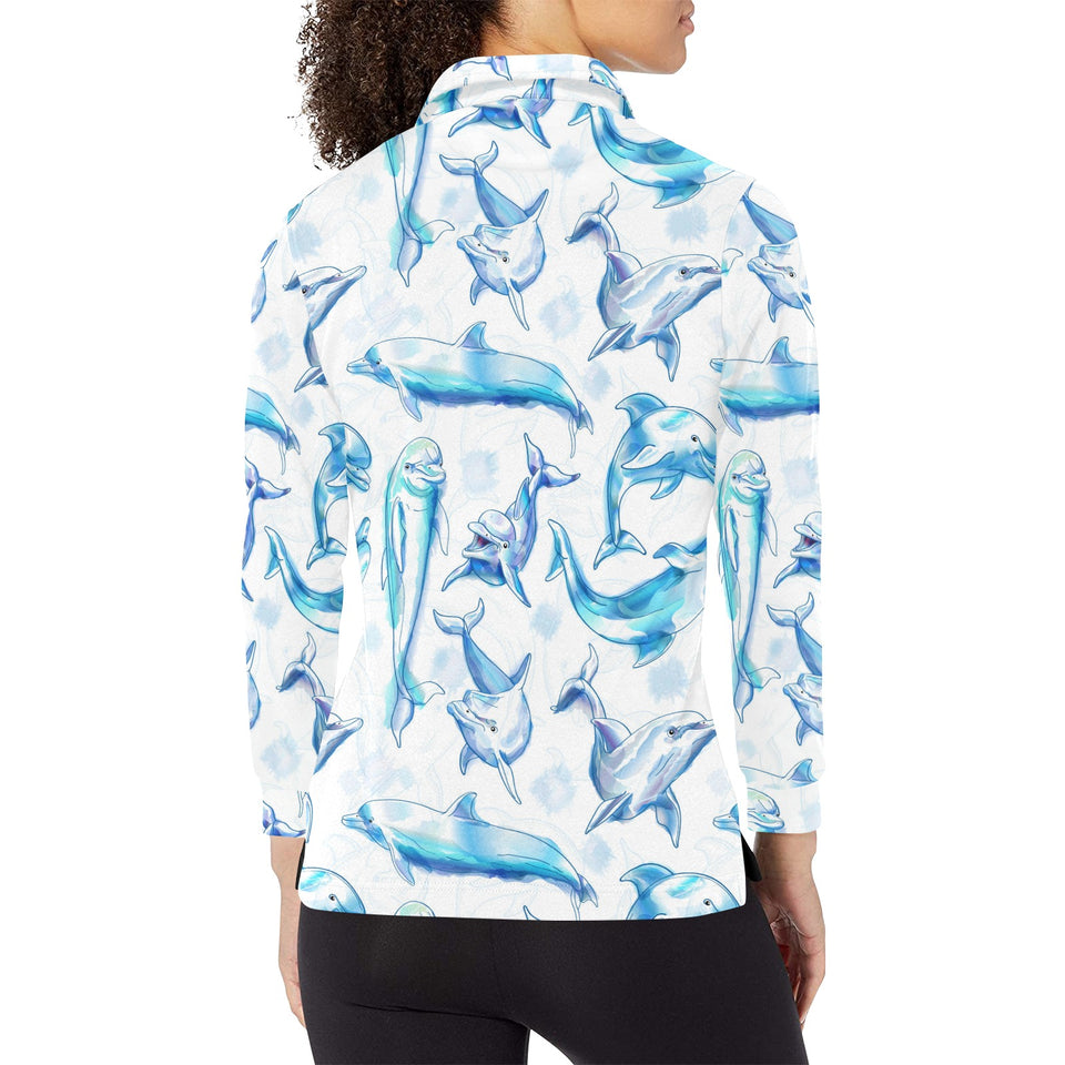 Watercolor dolphin pattern Women's Long Sleeve Polo Shirt