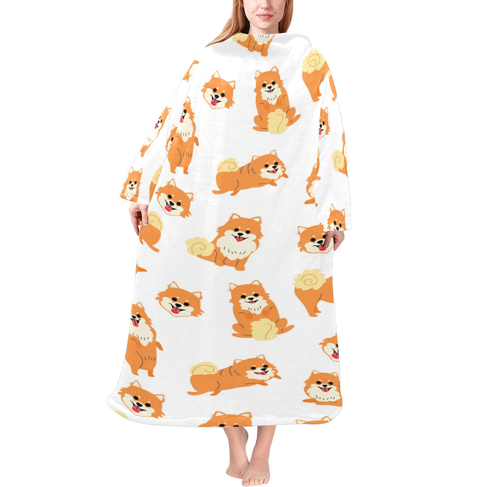Brown pomeranian pattern Blanket Robe with Sleeves