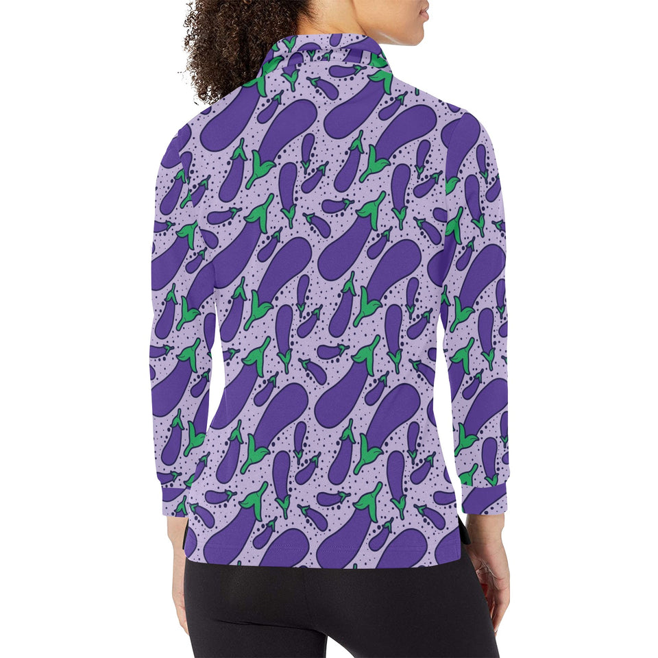 Eggplant Pattern Print Design 03 Women's Long Sleeve Polo Shirt