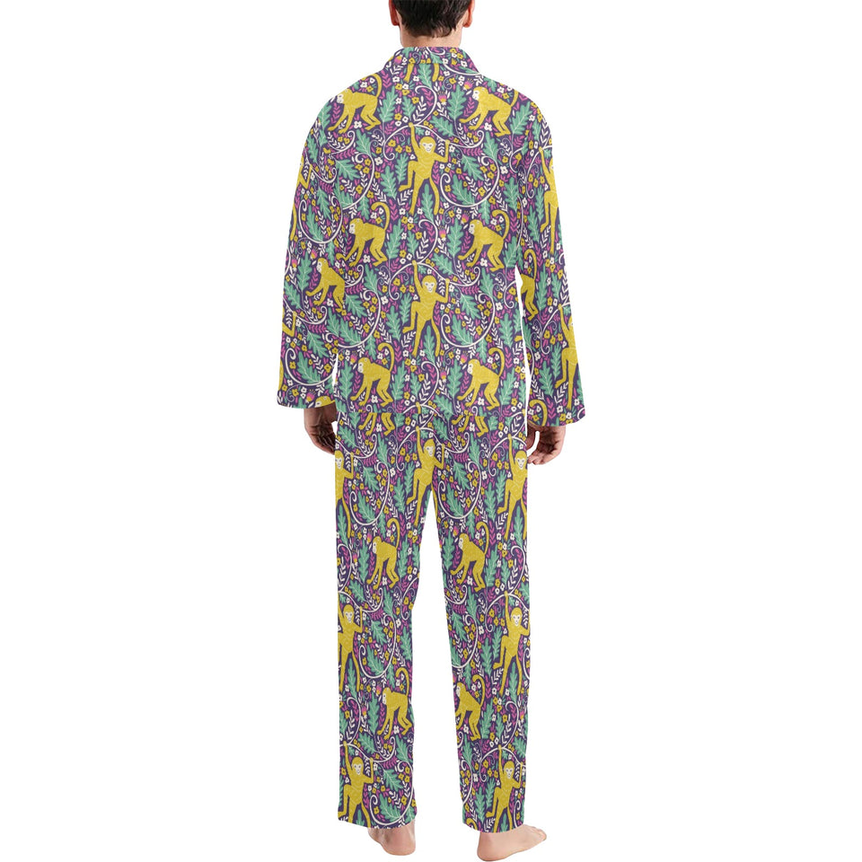Cute yellow monkey leaves pattern Men's Long Pajama Set