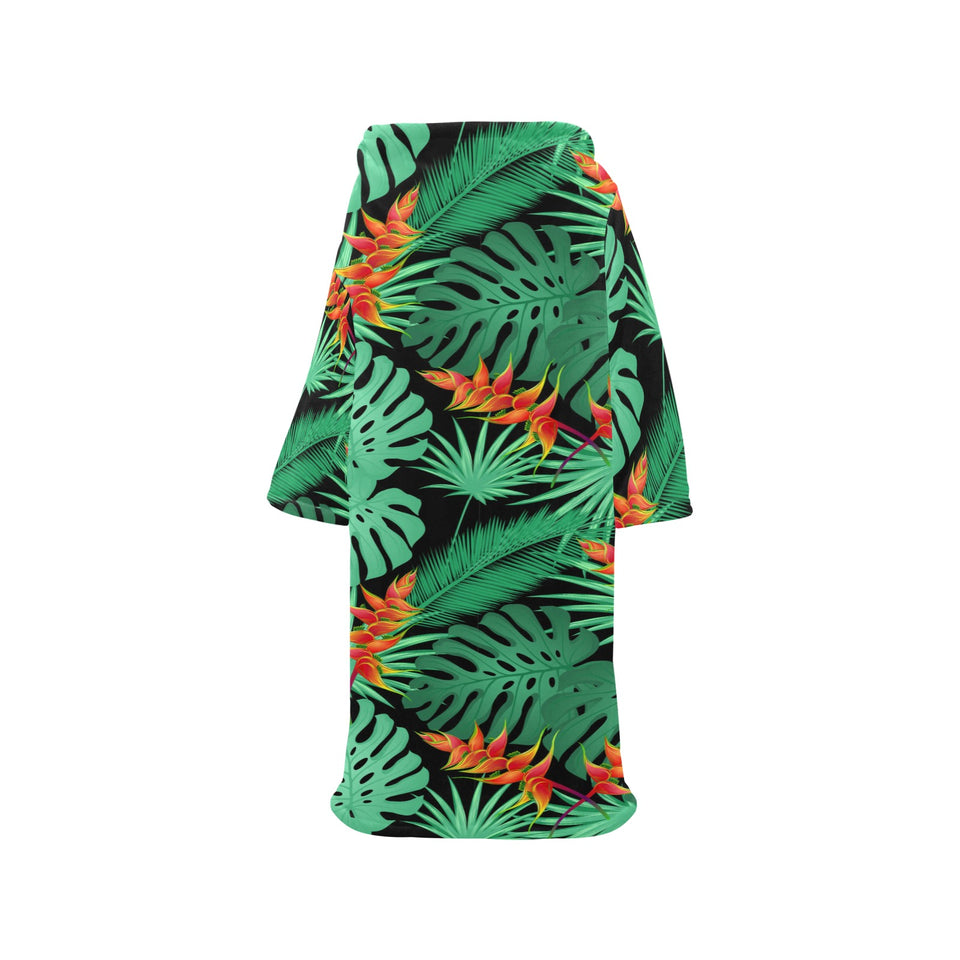 heliconia flower palm monstera leaves black backgr Blanket Robe with Sleeves