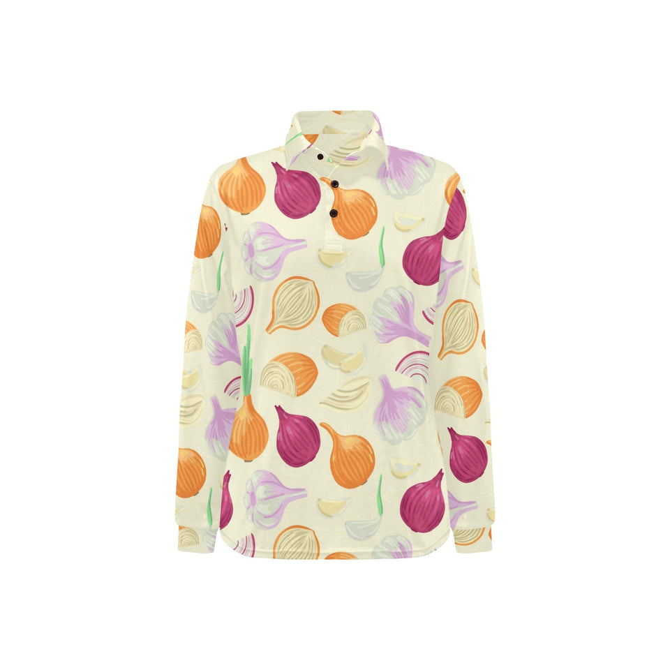 Onion garlic white red pattern Women's Long Sleeve Polo Shirt