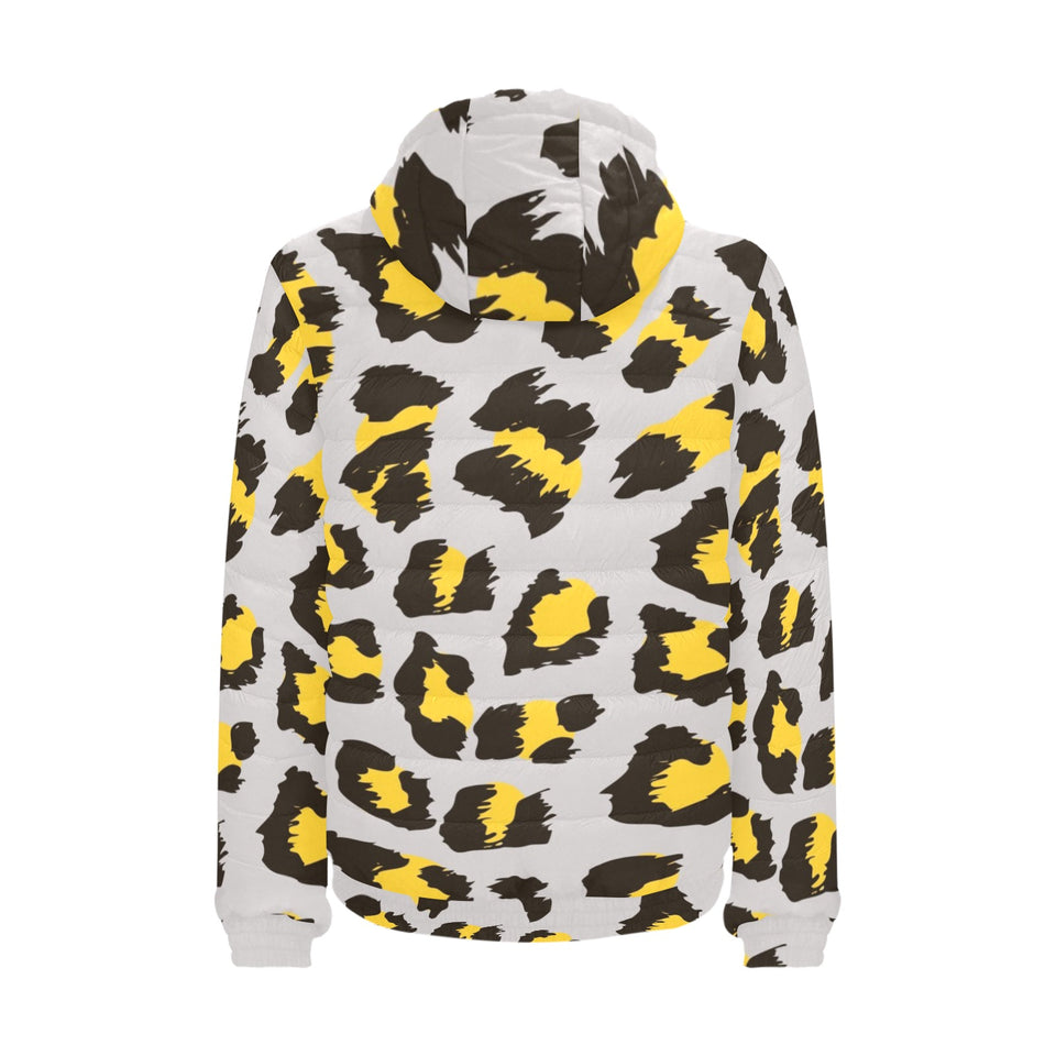 Gray Leopard print pattern Men's Padded Hooded Jacket