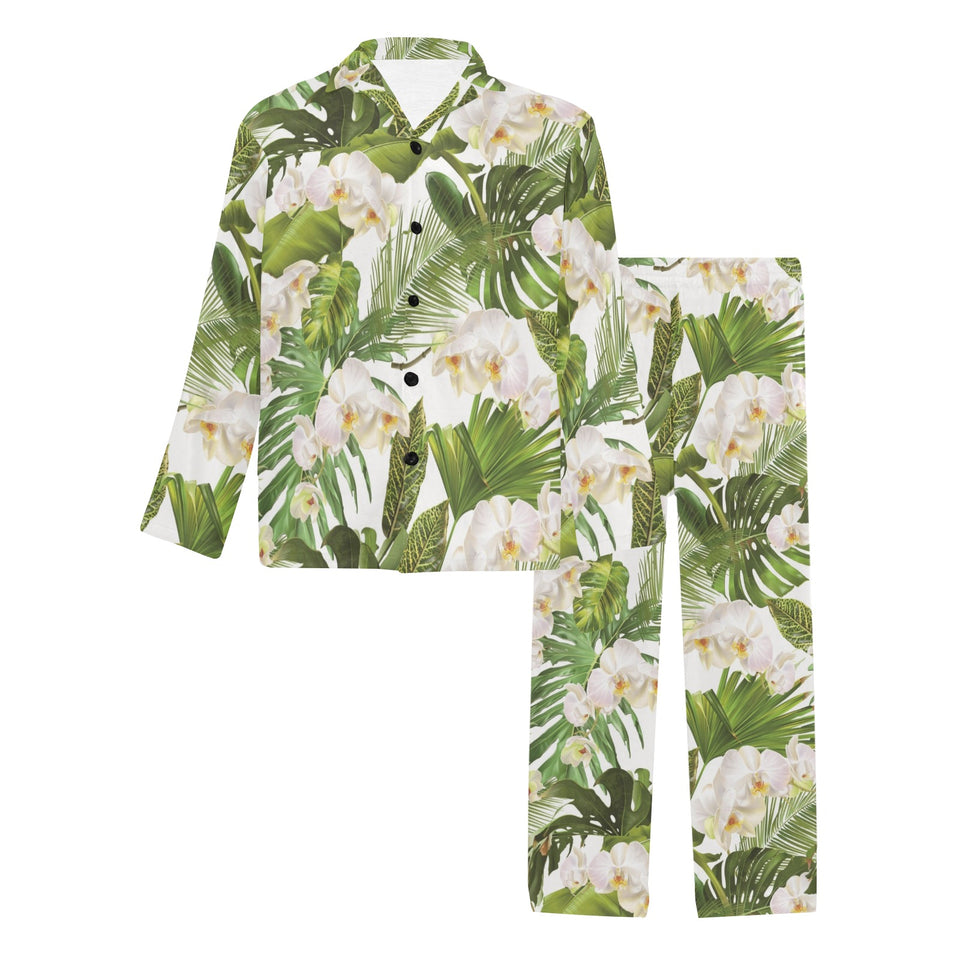 White orchid flower tropical leaves pattern Men's Long Pajama Set